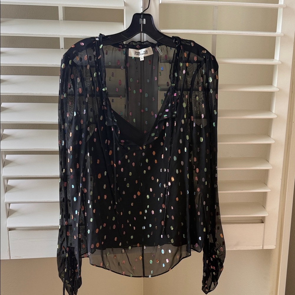 Diane Von Furstenberg Black Blouse with Multicolor Dots
